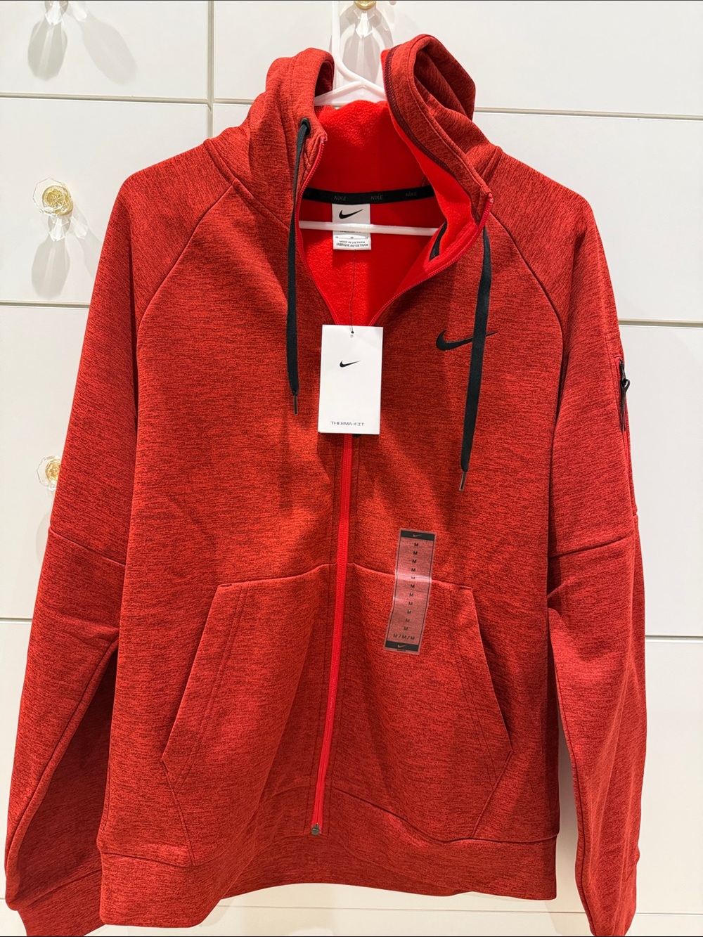 Nike Men’s Red Hooded Lightweight Jacket with Black Accents